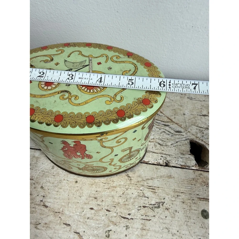 Vintage Baret Ware Art Grace Oval Tin England Victorian Bicycle Graphics Green